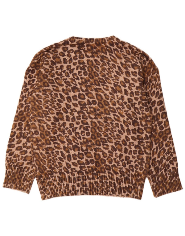 vintage Womens Crew Neck Jumper Pull UK 12 Medium Brown Animal Print