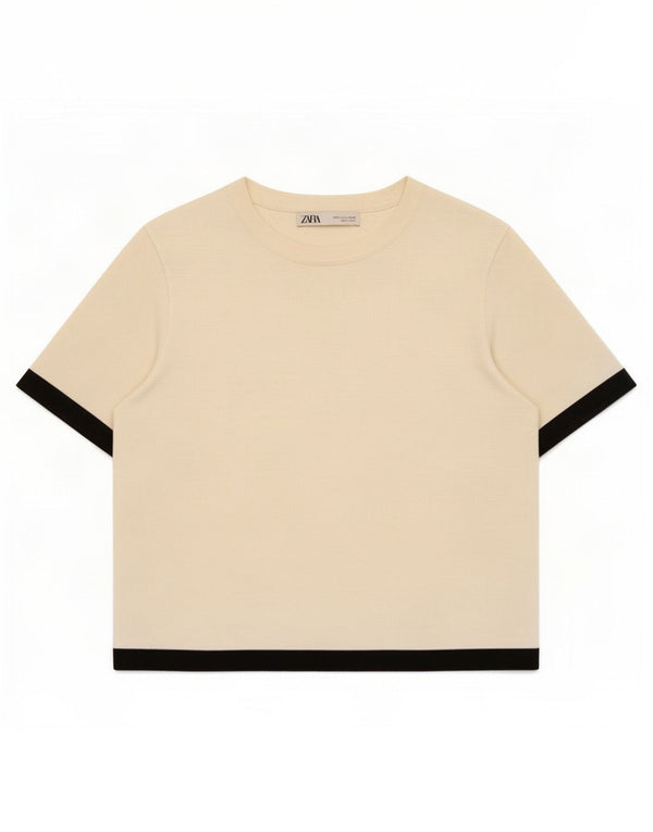 Zara Womens Crop T-Shirt Top UK 10 Small Beige Colorblock Viscose