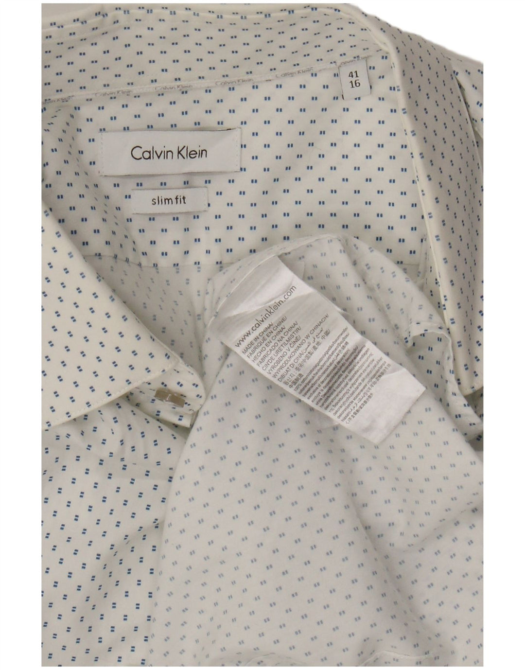 CALVIN KLEIN Chemise Slim Fit Homme Taille 41 16 Grand Coton Tacheté Blanc