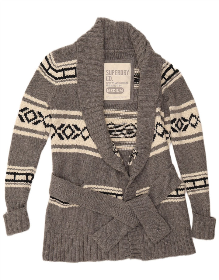 Superdry Femme Cardigan Pull UK 14 Moyen Gris Géométrique Laine