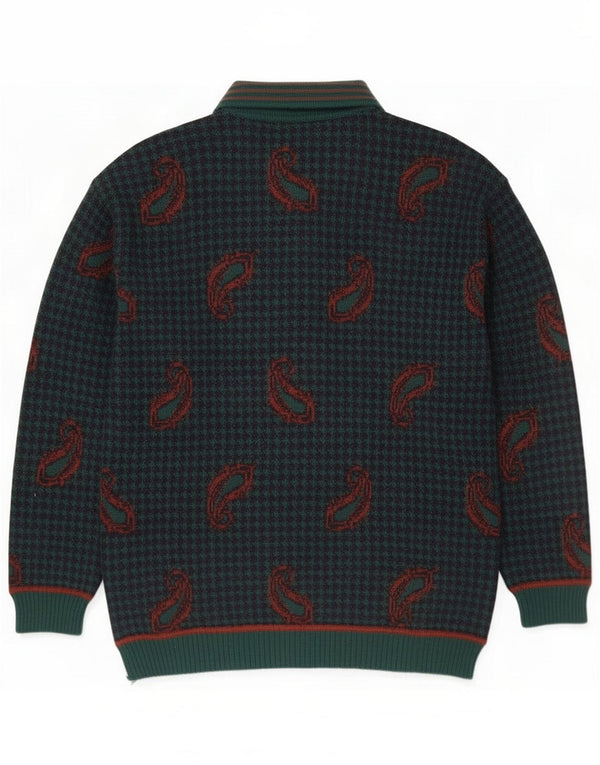 Vintage Mens Polo Neck Jumper Sweater Large Green Paisley