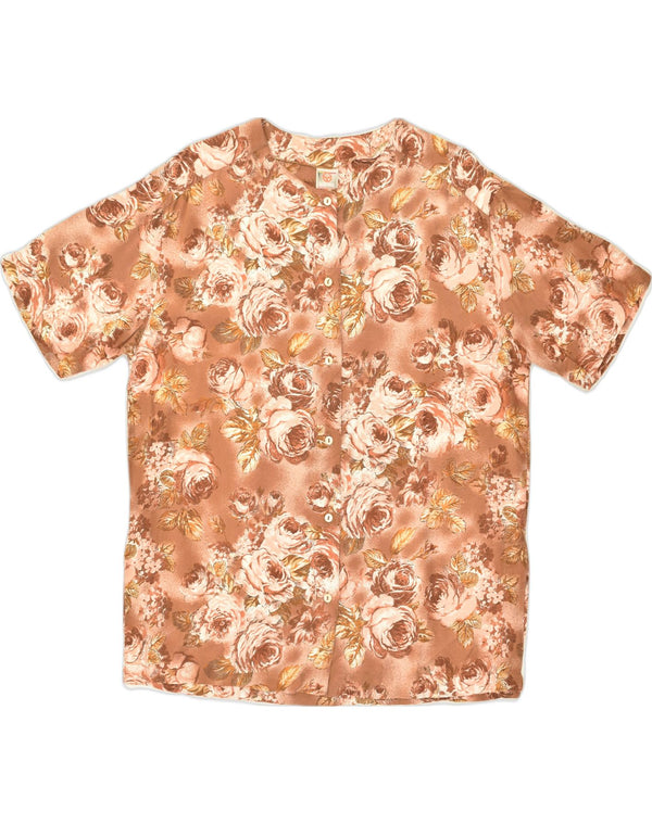 VINTAGE Chemisier chemise à manches courtes femme UK 12 Viscose florale marron moyen