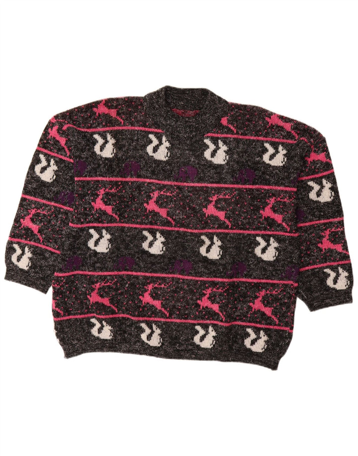 VINTAGE Femme Col Roulé Pull Pull UK 18 XL Noir Rayé