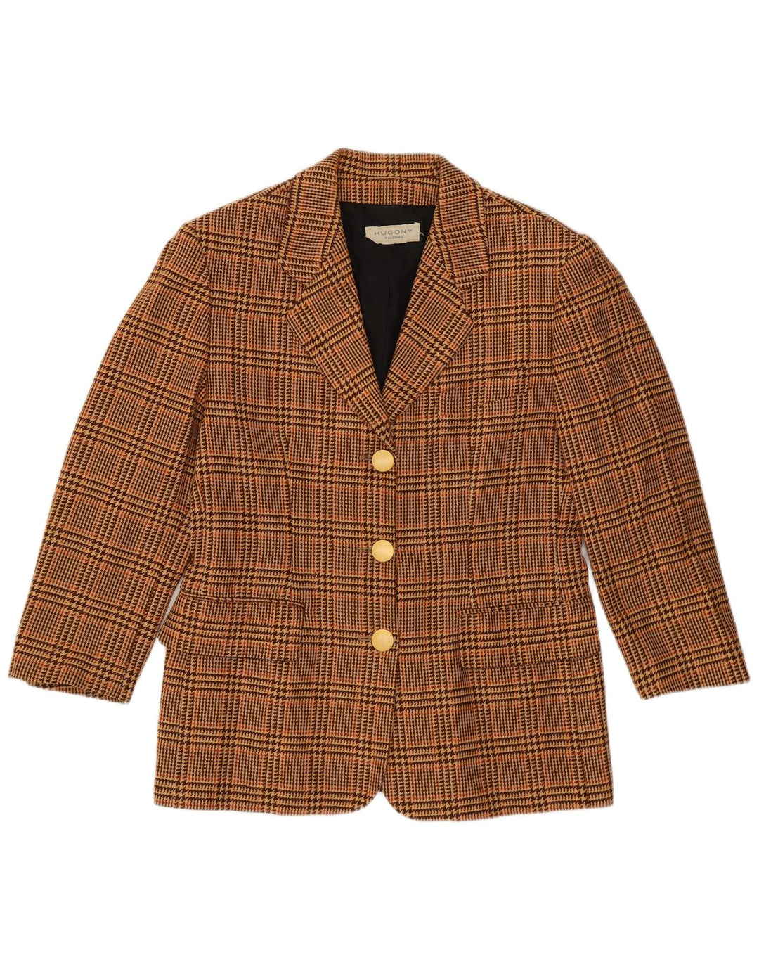 vintage Femme 3/4 Manches Blazer Veste IT 44 Pied-de-poule Brun Moyen