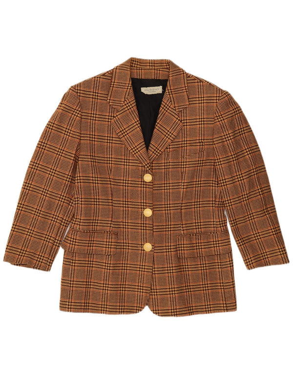 vintage Femme 3/4 Manches Blazer Veste IT 44 Pied-de-poule Brun Moyen