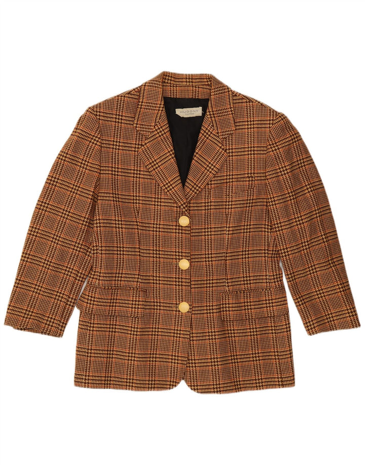 vintage Femme 3/4 Manches Blazer Veste IT 44 Pied-de-poule Brun Moyen