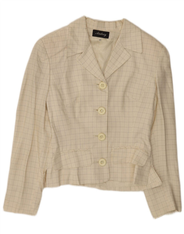 vintage Femme 4 Bouton Blazer Veste IT 44 Moyen Off White Check Viscose