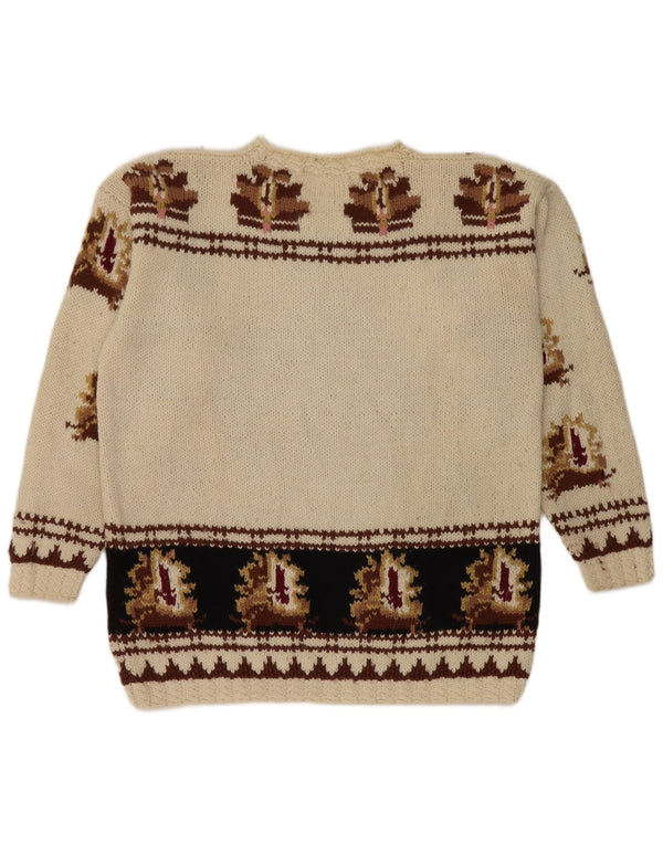 vintage Womens Crew Neck Jumper Pull UK 14 Moyen Beige Rétro