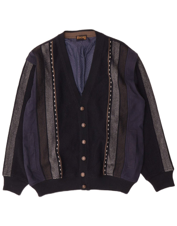 vintage Mens Cardigan Pull Grand Bleu Marine Rayé
