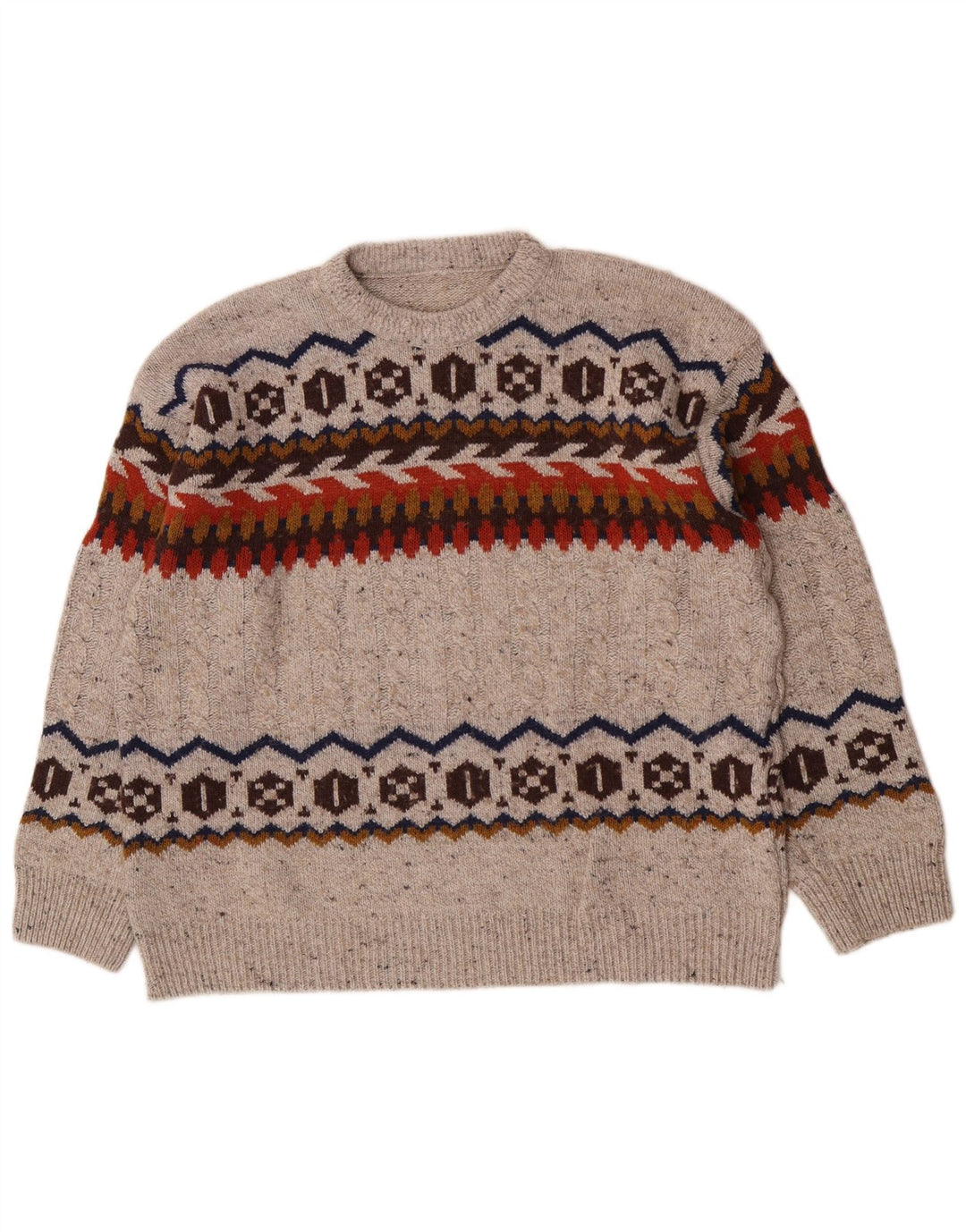 vintage Mens Regular Fit Crew Neck Jumper Pull Grand Gris Fair Isle