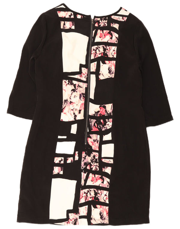 vintage Femmes 3/4 Manches Shift Robe UK 12 Moyen Noir Floral