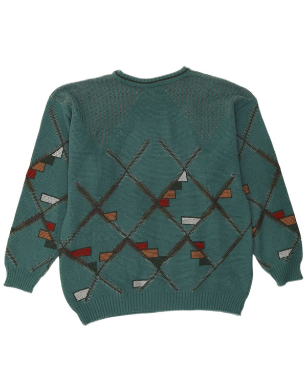 vintage Mens Crew Neck Jumper Pull Moyen Vert Géométrique