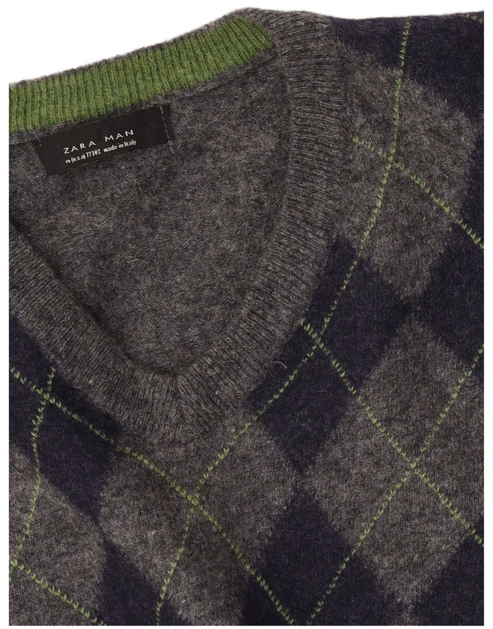 Zara Pull col V Homme Gris Moyen Argyle/Diamant