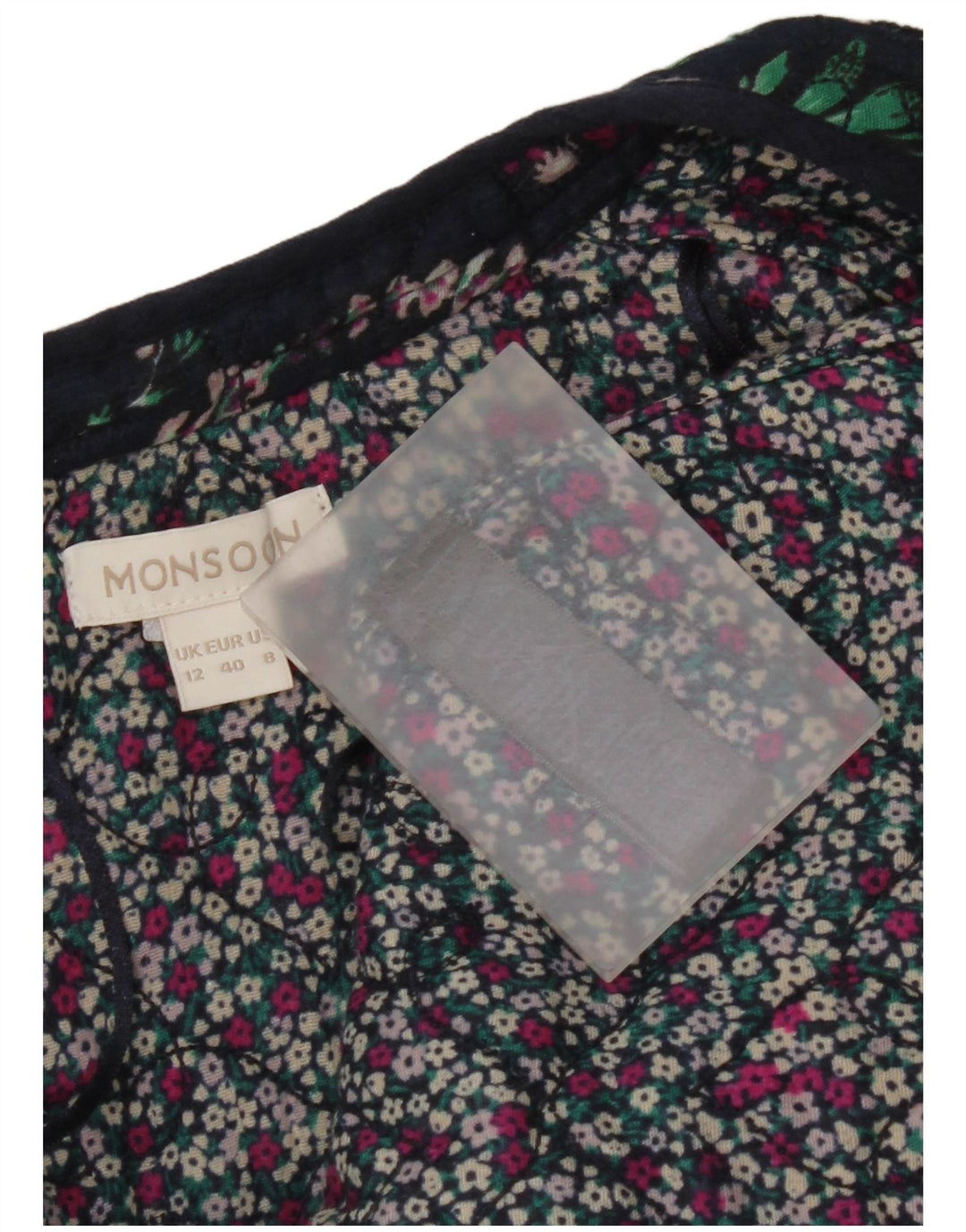 Monsoon Veste Blazer Ouverte Femme UK 12 Coton Floral Bleu Marine Moyen