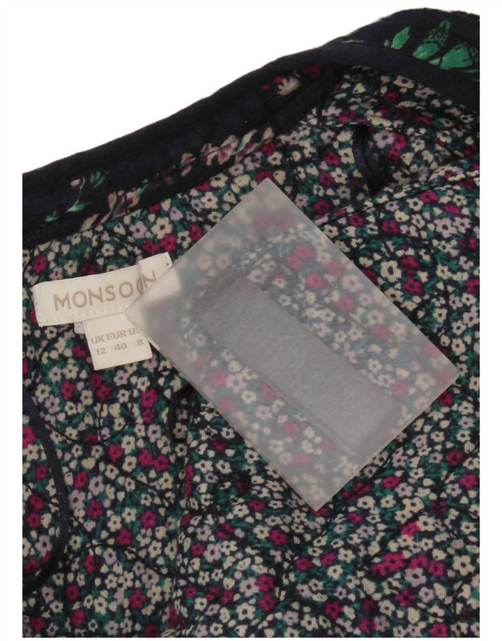 Monsoon Veste Blazer Ouverte Femme UK 12 Coton Floral Bleu Marine Moyen