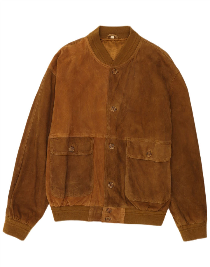 vintage Mens Suede Bomber Jacket IT 54 2XL Cuir Marron