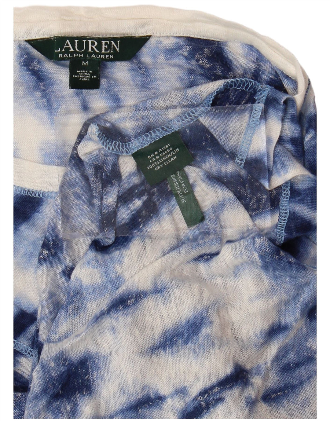 RALPH LAUREN T-Shirt Femme Top UK 14 Bleu Moyen Tie Dye Lin