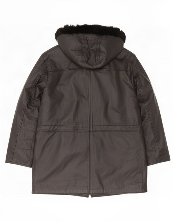manteau en cuir surdimensionné à capuche vintage pour femmes UK 10 Petit Noir