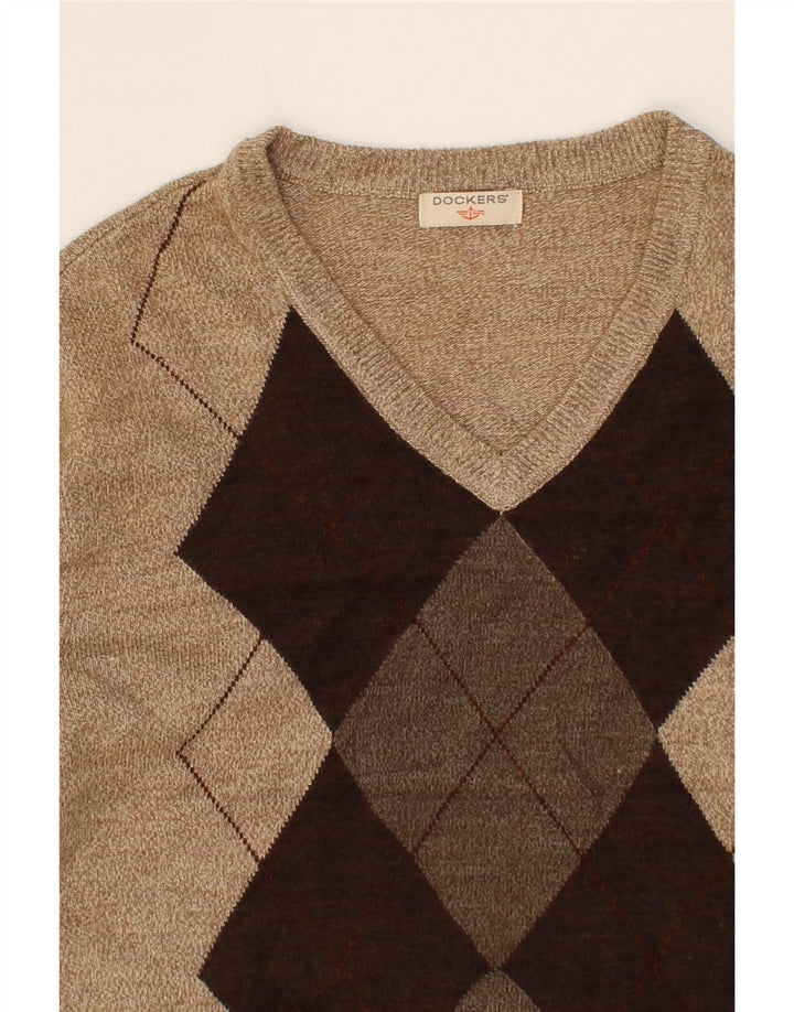 DOCKERS Mens V-Neck Jumper Sweater Large Beige Argyle/Diamond Vintage Dockers and Second-Hand Dockers from Messina Hembry 