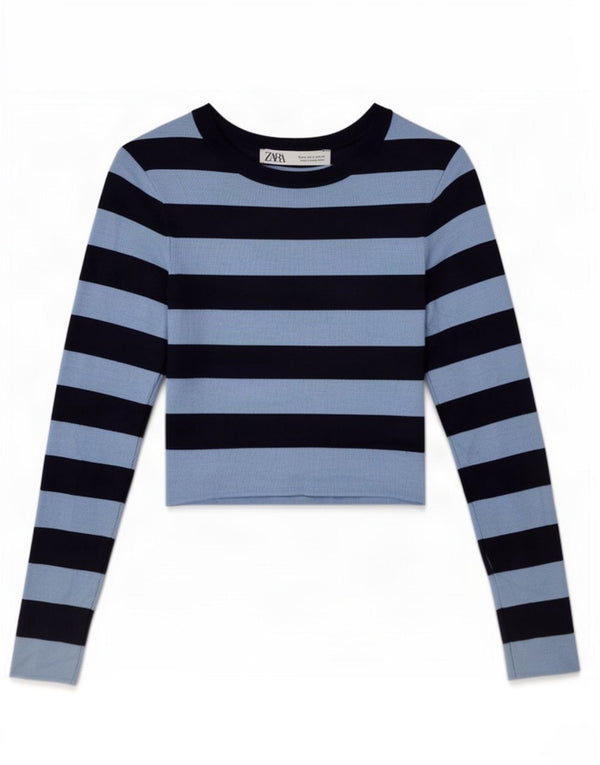 Zara Womens Crop Top Manches Longues UK 12 Moyen Bleu Marine Rayé