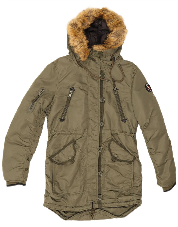 Superdry Parka à capuche pour femme UK 12 Medium Khaki Nylon