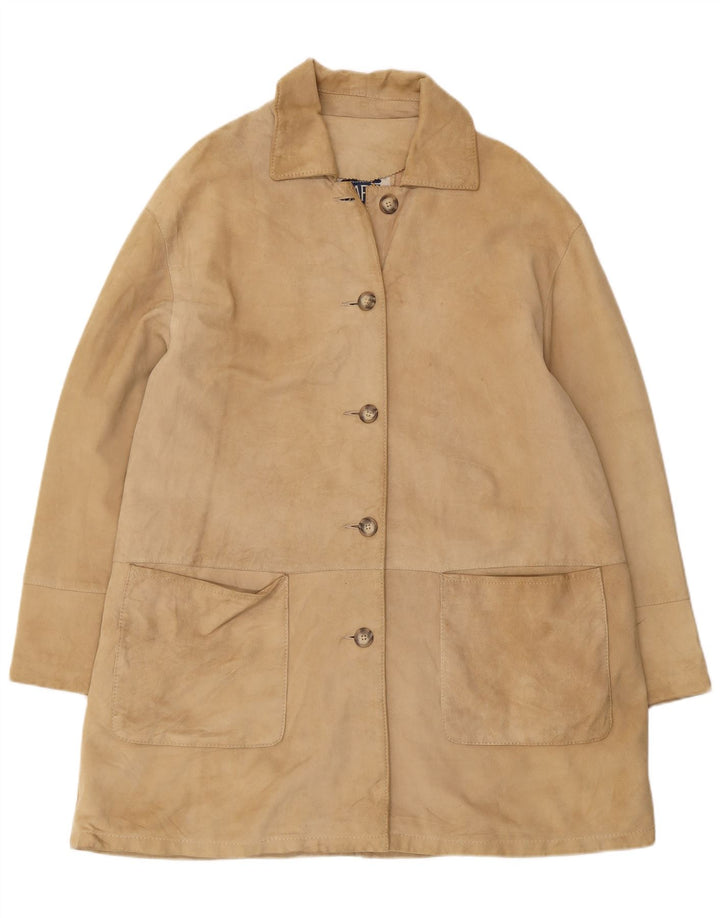 VINTAGE Manteau en Daim Femme IT 46 Grand Cuir Beige