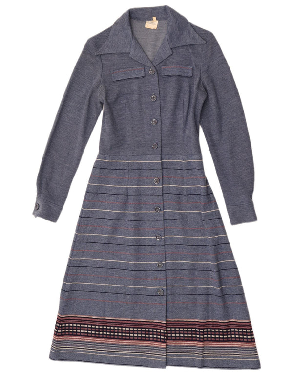 vintage Femme Robe chemise à manches longues UK 12 Moyen Bleu Marine Rayé