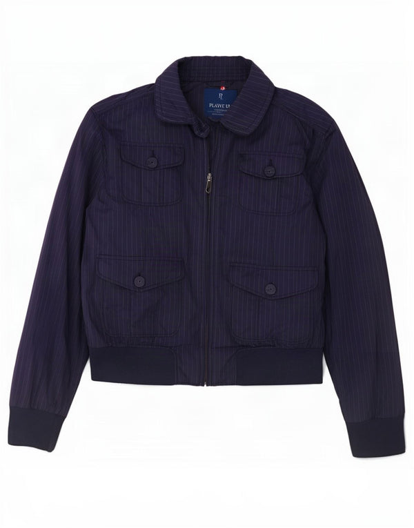 Playlife Womens Bomber Jacket UK 16 Large Bleu Marine Rayé Polyester