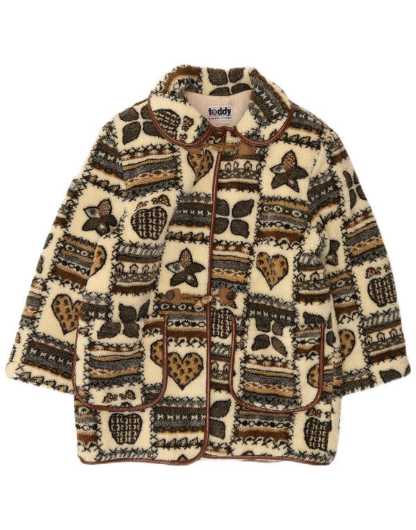 vintage Femme Graphique Fleece Duffle Coat UK 14 Grand Beige Patchwork