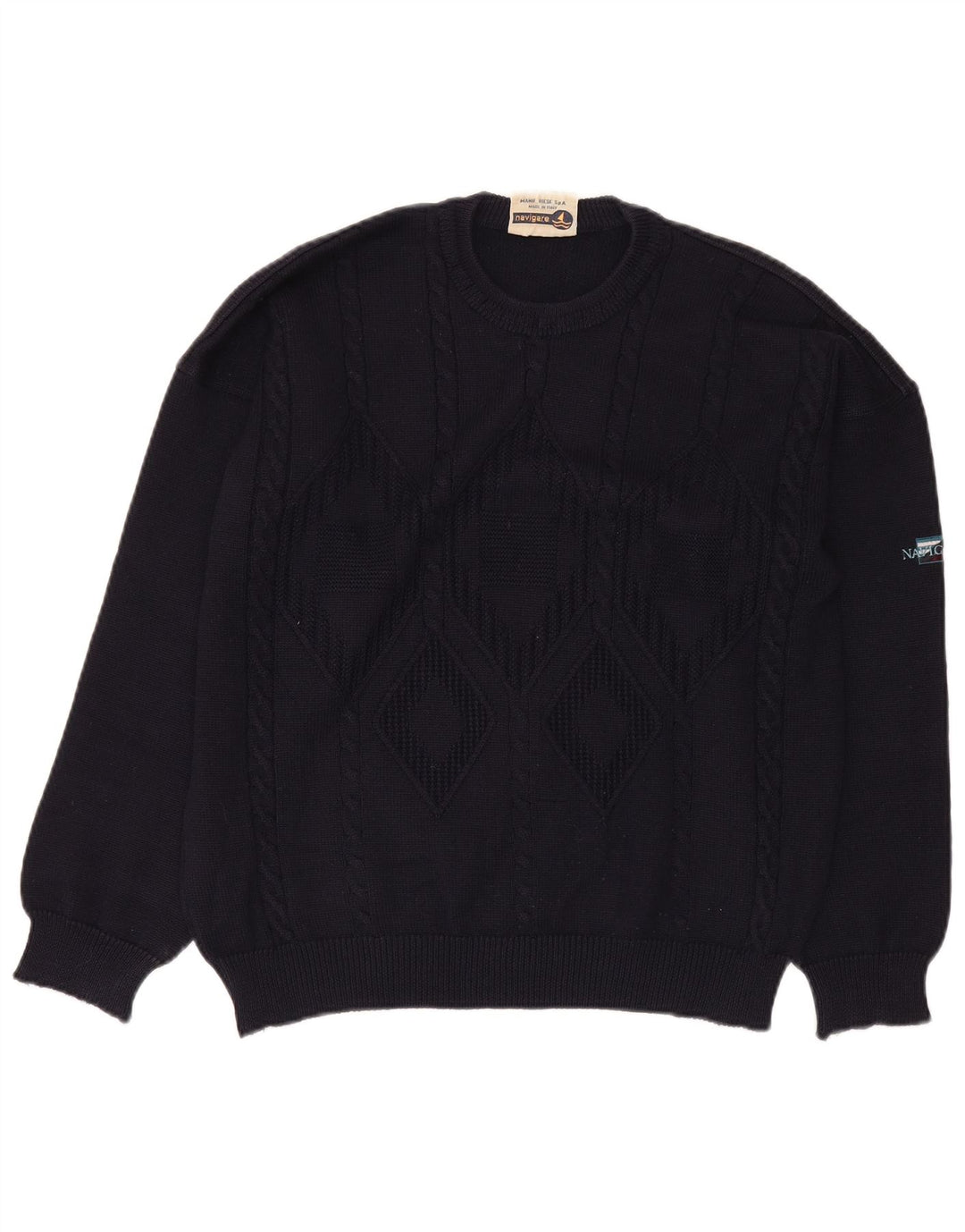 Navigare Pull ras du cou pour homme, grand, bleu marine, motif losange/diamant