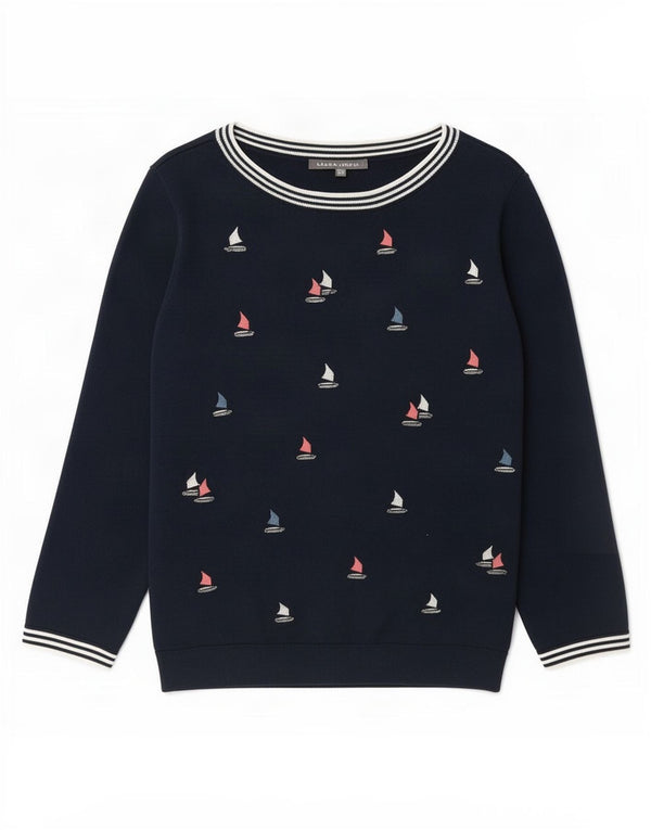Laura Ashley Pull graphique à col bateau pour femme UK 14 Large Bleu marine