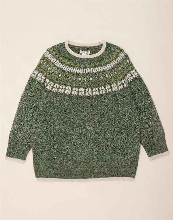 vintage Womens Boat Neck Jumper Pull UK 22 3XL Vert Fair Isle Acrylique