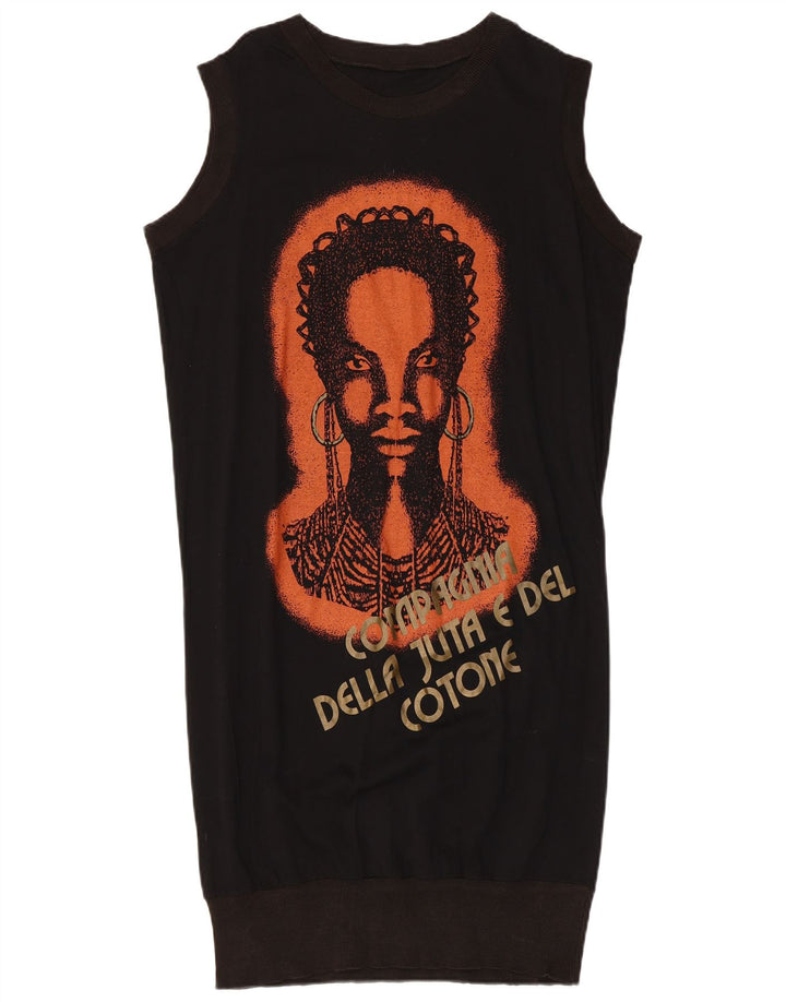 VINTAGE Robe bulle graphique sans manches pour femmes UK 14 Noir moyen