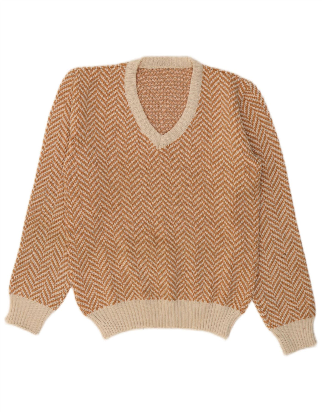 VINTAGE Pull col V homme petit chevrons beige