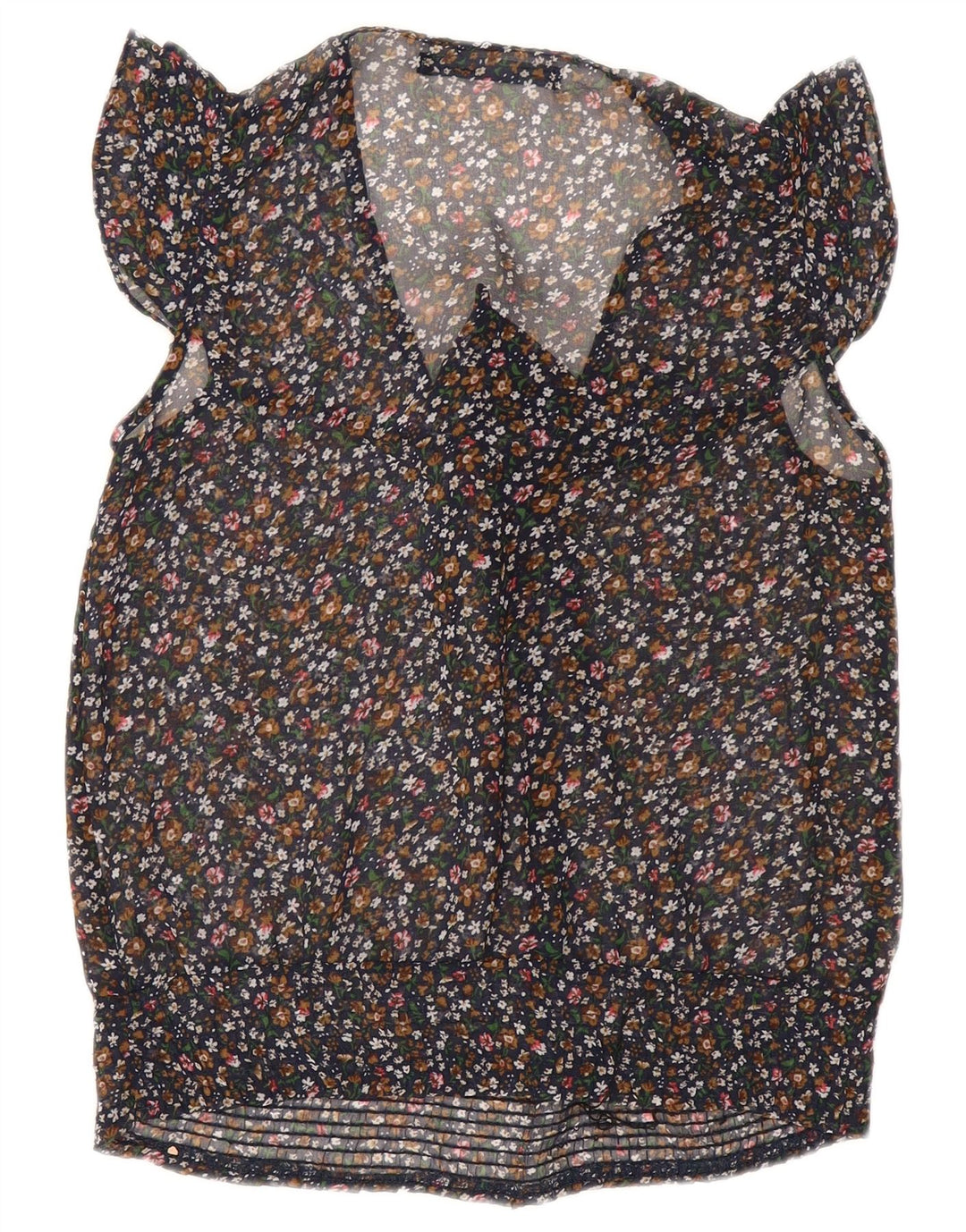 ZARA Femmes Noeud Papillon Sans Manches Voir À Travers Top UK 10 Petit Noir Floral