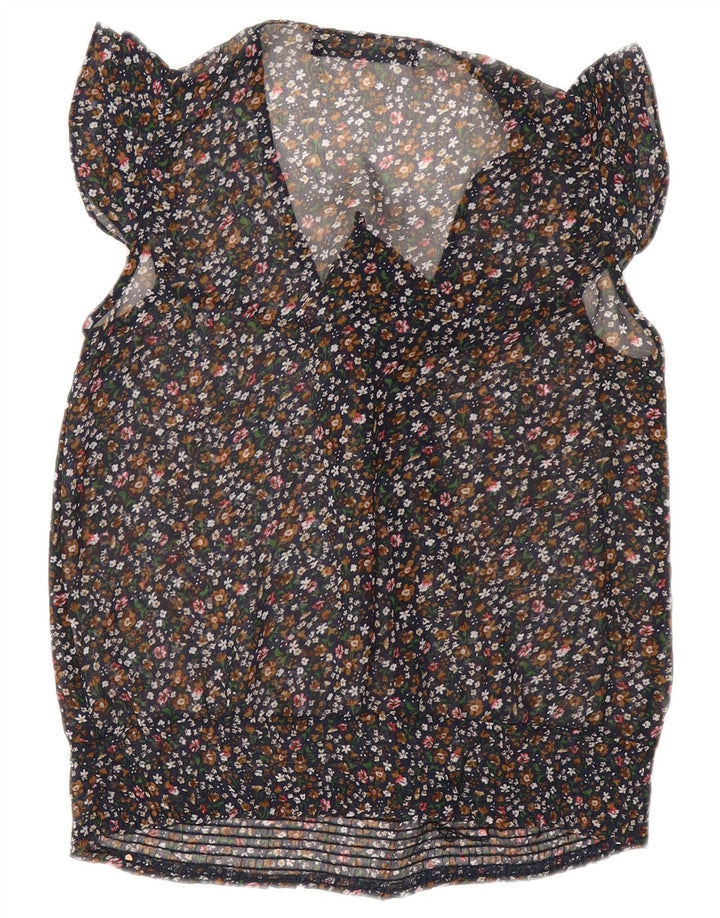 ZARA Femmes Noeud Papillon Sans Manches Voir À Travers Top UK 10 Petit Noir Floral