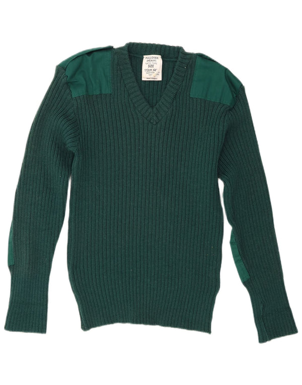 vintage Mens Militaire Col V Jumper Pull Moyen Vert Nouvelle Laine