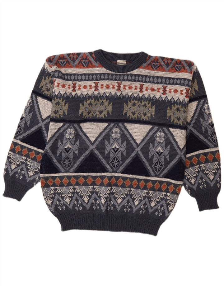 VINTAGE Pull ras du cou pour homme IT 48/50 Bleu marine moyen Fair Isle