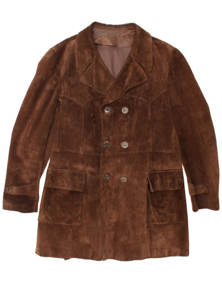 VINTAGE Manteau double boutonnage en daim pour homme UK 40 Grand Marron