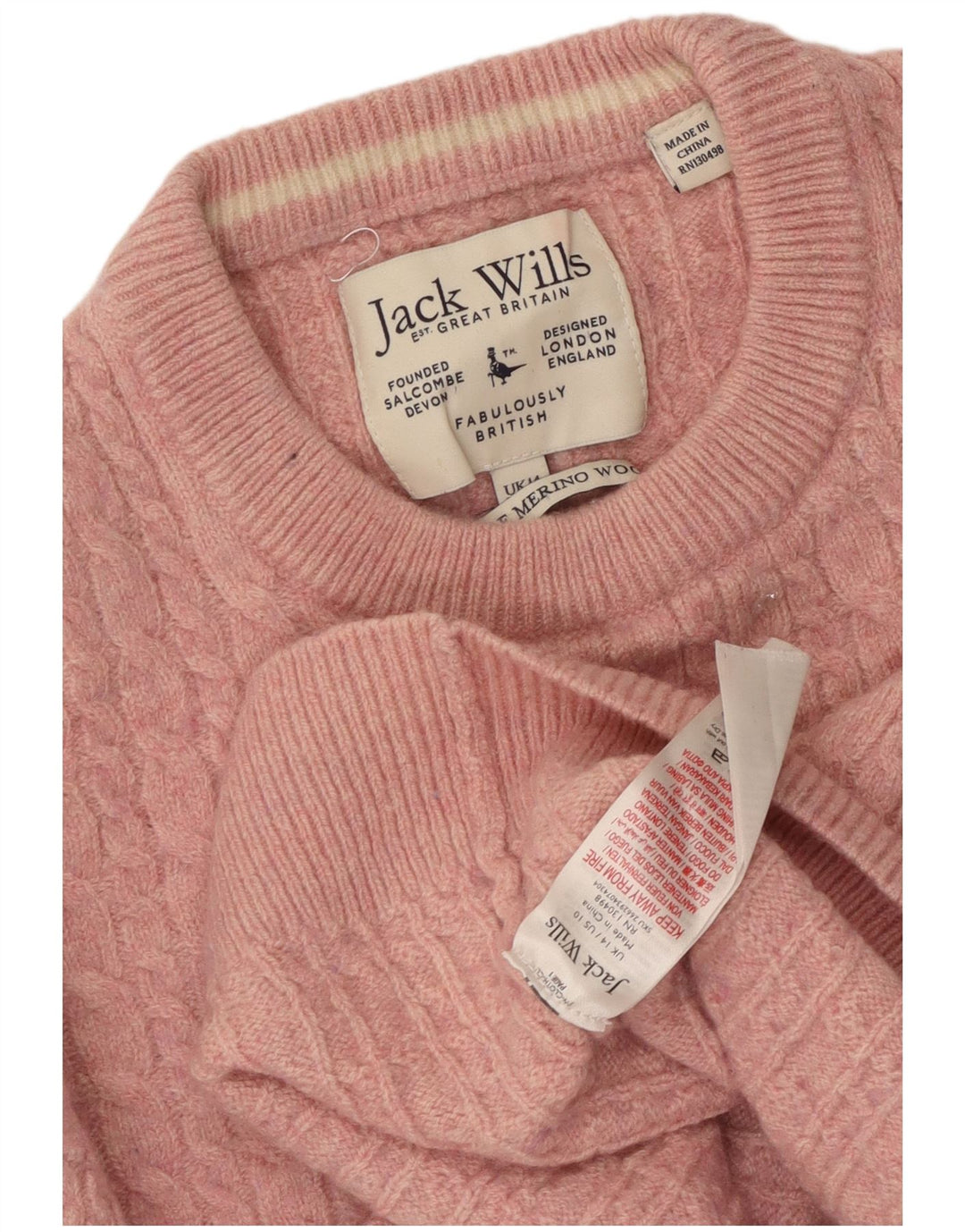 JACK WILLS Pull col bateau pour femme UK 14 Grande laine rose