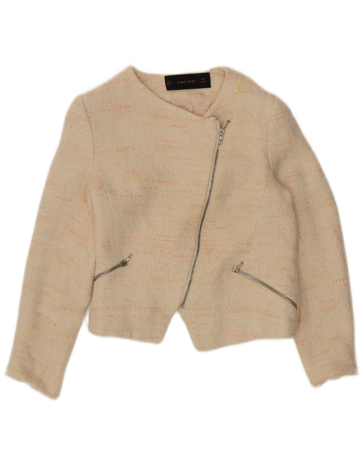 Zara Womens Crop Blazer Jacket UK 12 Coton moucheté beige moyen