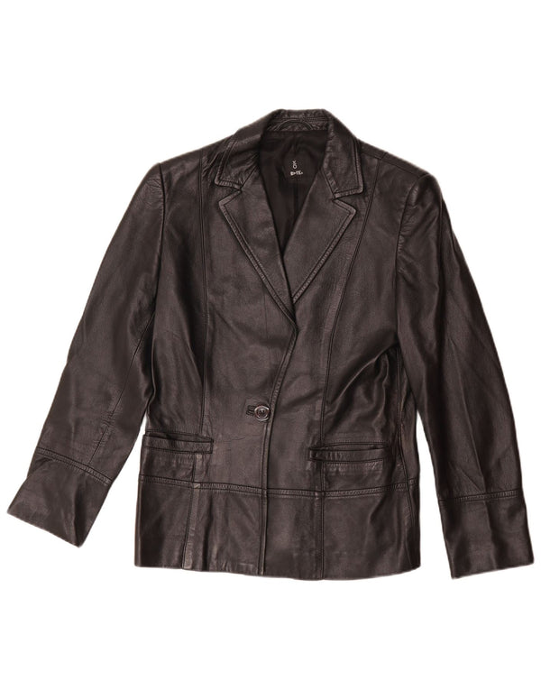 vintage Femmes 1 Bouton Veste Blazer En Cuir UK 14 Cuir Noir Moyen
