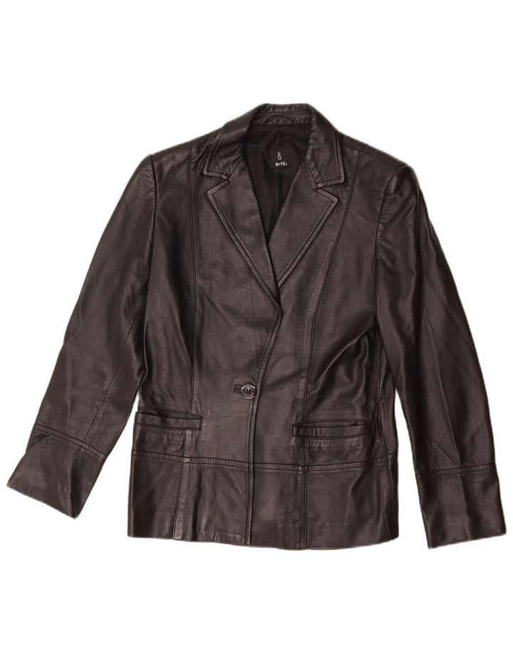 vintage Femmes 1 Bouton Veste Blazer En Cuir UK 14 Cuir Noir Moyen