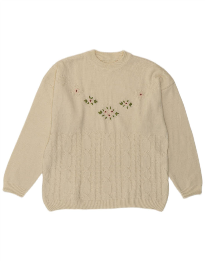 vintage Femme Crew Neck Jumper Pull UK 14 Moyen Off White Wool