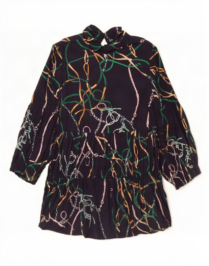 Zara Robe à volants à manches longues et motif abstrait pour femme UK 16 Large Bleu marine