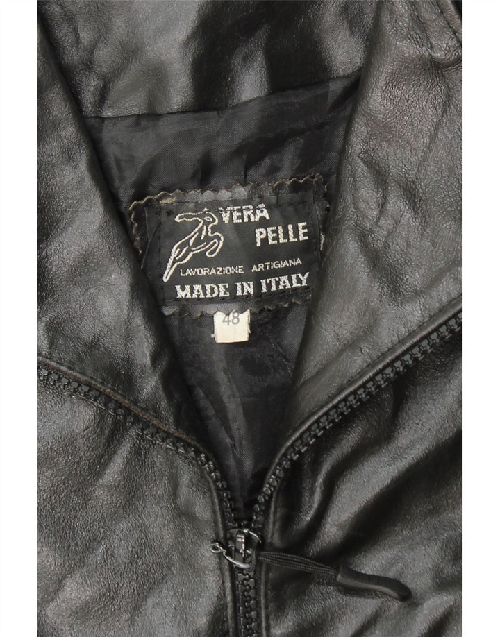 VINTAGE Manteau en Cuir Femme IT 48 XL Cuir Noir