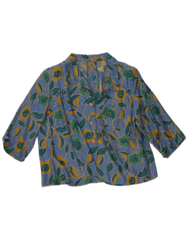 vintage Femmes 3/4 Manches Chemise Blouse UK 14 Grand Bleu Floral