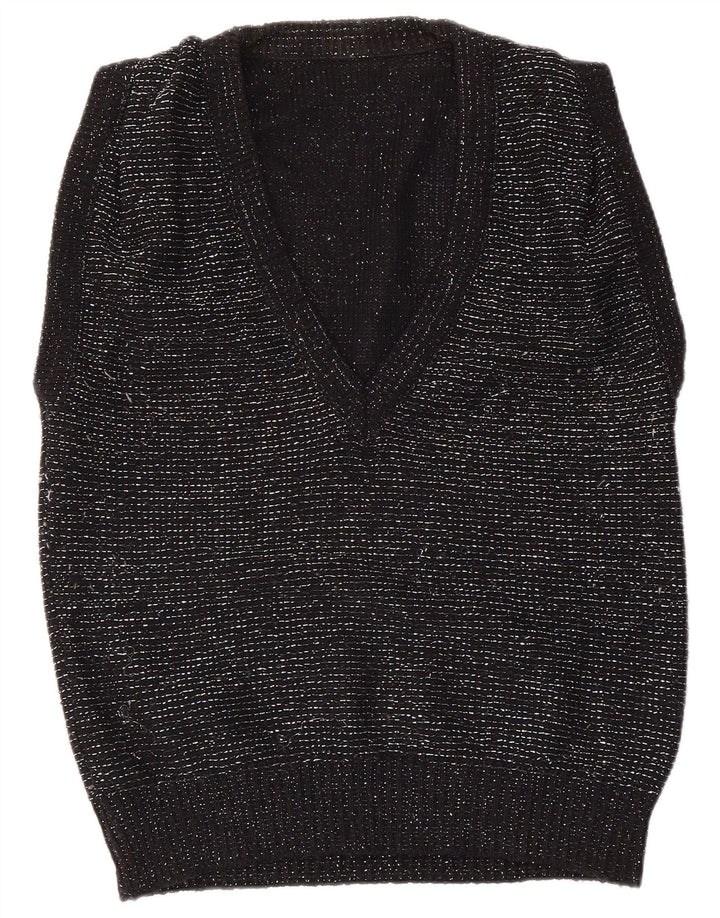 VINTAGE Femme Gilet Débardeur EU 40/42 Moyen Noir Moucheté Acrylique