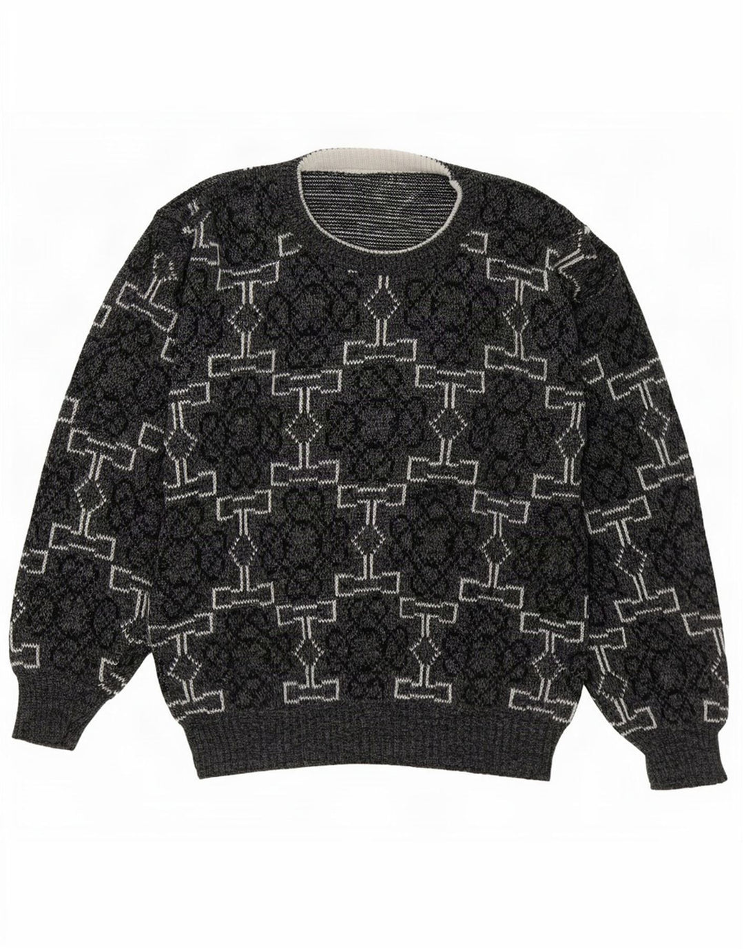 vintage Mens Crew Neck Jumper Pull Moyen Gris Géométrique