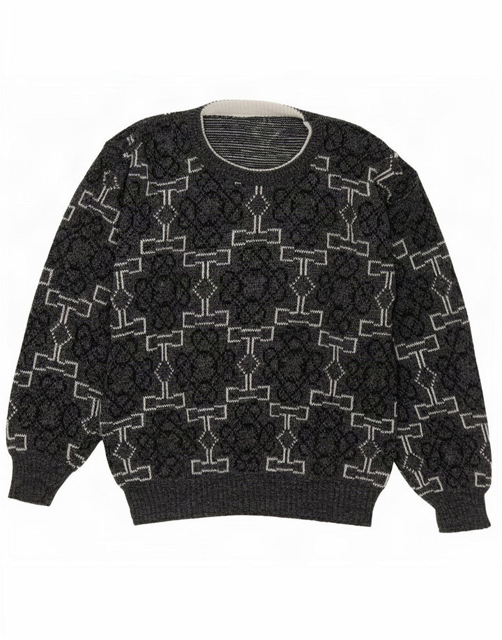 vintage Mens Crew Neck Jumper Pull Moyen Gris Géométrique